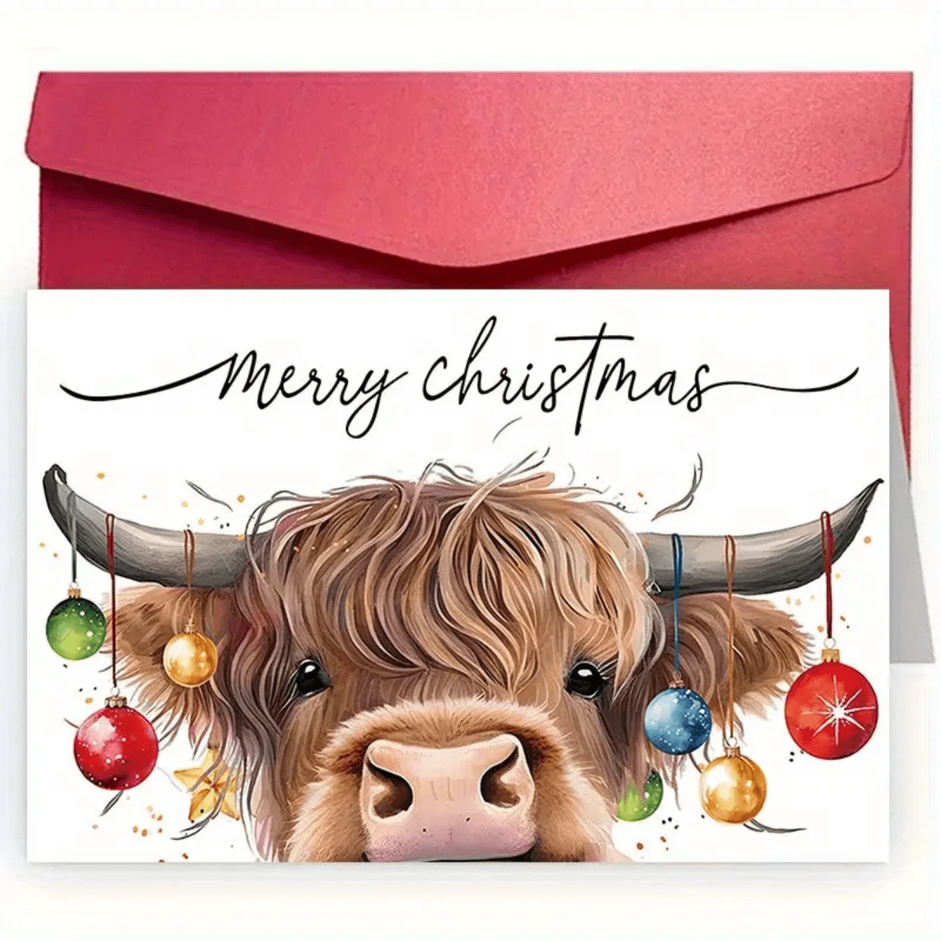 Biglietto di Buon Natale con busta - 1 pezzo, biglietto di auguri in carta premium per chiunque, design festivo con mucca e ornamenti, messaggi personalizzati per amici e famiglia, carte universali per la celebrazione del Natale - Multicolore - Visualizzare 1