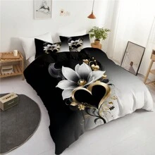 3 件套柔软舒适的心形花朵图案印花羽绒被套装（1 *羽绒被套 + 2 *枕套，不含芯），柔软、舒适、温馨的床上用品，适用于卧室和客房，非常适合家庭和宿舍装饰，防过敏，易于护理，适合所有季节