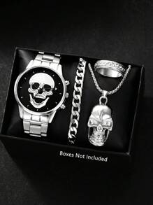 Men's Watch 4 Pieces Set Personalized Skull Circular Disc Quartz Watch And Pendant Necklace, Ring, Bracelet Set, SSuitable For Daily Wear, Back-To-School Season, Graduation Season, Thanksgiving, Couples, The Best Gifts Watch Box Not Included