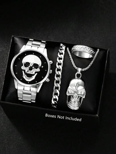 Relógio masculino 1 conjunto personalizado de relógio de quartzo com disco circular de caveira e pingente, colar, anel e pulseira, perfeito para uso diário, presentes de aniversário, festas, reuniões de feriados e como presente ideal para você ou amigos. Caixas não incluídas.