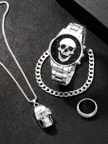 Men's Watch 4 Pieces Set Personalized Skull Circular Disc Quartz Watch And Pendant Necklace, Ring, Bracelet Set, SSuitable For Daily Wear, Back-To-School Season, Graduation Season, Thanksgiving, Couples, The Best Gifts Watch Box Not Included