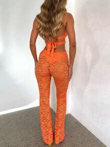 Mono acampanado con cuello halter para mujer, informal, de verano, con encaje recortado, transparente, sin espalda, pantalones para discoteca, ropa de calle - Naranja - Ver 4