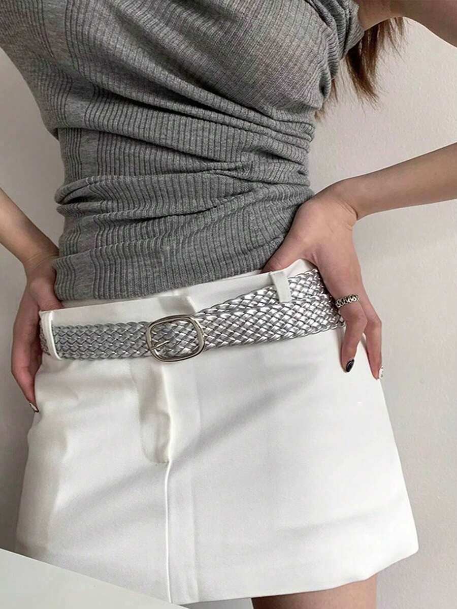 休闲、商务、手工编织无缝银色女士腰带，适合休闲裤、牛仔裤、迷你裙 - 銀色 - 查看 1