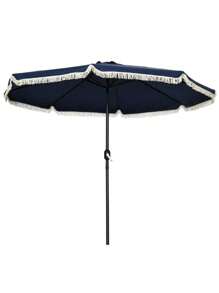 Outsunny 9ft Patio Umbrella With Push Button Tilt And Crank, Ruffled Outdoor Market Table Umbrella With Tassles And 8 Ribs, For Garden, Deck, Pool, Dark Blue,CozyNest9