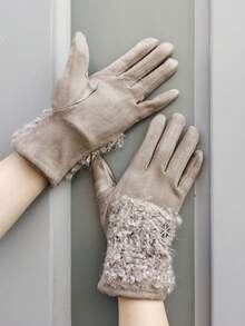 1 双女士多色可选纯色休闲优雅街头涤纶绗缝后面板雪花装饰触摸屏全指手套，适合秋冬季外出、约会、假期、大学派对、成熟日常使用 - A - 查看 5