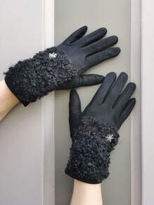 1 双女士多色可选纯色休闲优雅街头涤纶绗缝后面板雪花装饰触摸屏全指手套，适合秋冬季外出、约会、假期、大学派对、成熟日常使用 - A - 查看 6