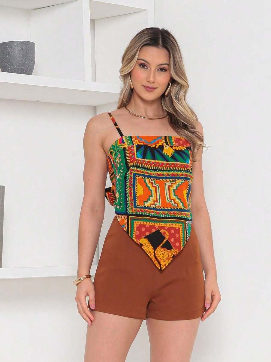 RAW CLOTHING One Size Shirt Set With Tie At The Back And Print, Shorts With Zipper And No Pocket - Marrón - Ver 1
