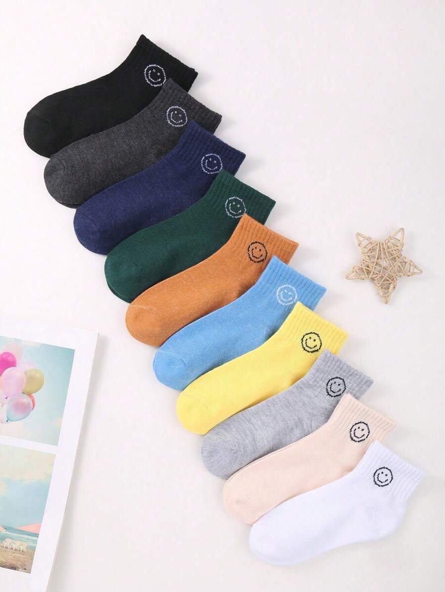 热卖 10 双儿童随机颜色纯色笑脸设计运动可爱高筒袜适合日常穿着 - 彩色 - 查看 1