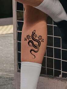 1 件黑色蛇圈和花卉临时纹身贴纸，深色水洗效果，适合腰部、手臂，适合潮流人士 - 黑色 - 查看 3