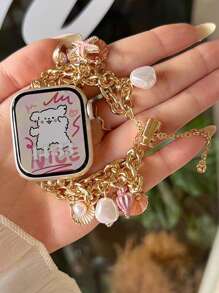 1pc Compatible With Apple Watch Bracelet Apple WatchBand Women's Exquisite Pendant Bracelet Gold Compatible With Apple Watch Strap 38/40/41/42/44/45/46/49mm Ultra 2/1 Marine Metal Bracelet With Pink Starfish, Pearl Conch And Shell Pendant Bohemian Holiday Style Creative Dopamine Color System Is Suitable For Apple Watch Series 9/8/7/6/5/SE4/3/2/1. Apple Watchband Accessories