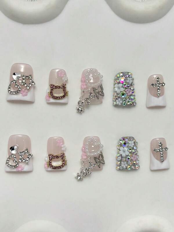 Y2K Handmade Duck Beak Nail Patches, Set Of 10- White, Nude, Silver, With French Patches, 3D Water Droplets, 3D Lace, Hearts, Cat Heads, Rhinestones, Stars, Butterflies, Small Flowers, And Crosses. Suitable For Women And Girls, Gatherings, And Daily Wear. Including Nail Tools. The Color Of Nail Accessories Is Random