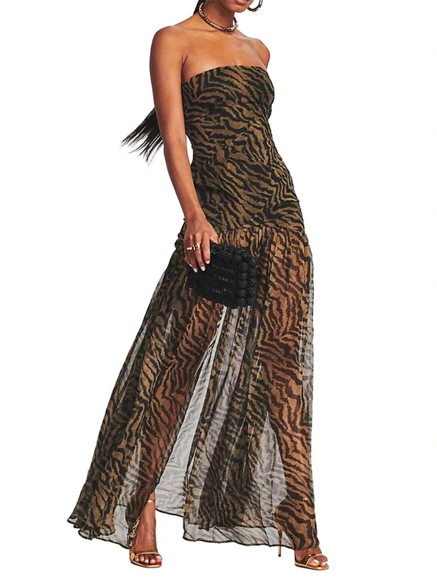 Women Tube Top Dress Tiger Stripe Mesh Patchwork Maxi Dress Strapless Sexy High Slit Long Dresses Party Clubwear - màu nâu - Xem 1
