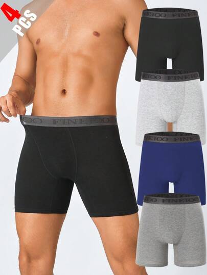 FINETOO 4 件装男士纯色长款时尚字母腰带平角内裤