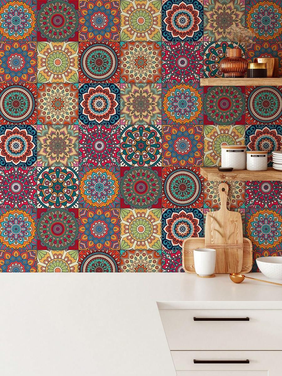 30 miếng dán tường tự dính họa tiết gạch giả Bohemian 4x4 inch, bóc ra và dán, miếng dán tường phòng khách, phòng bếp, phòng ngủ chống thấm nước, miếng dán cầu thang, đồ trang trí tường nhà,