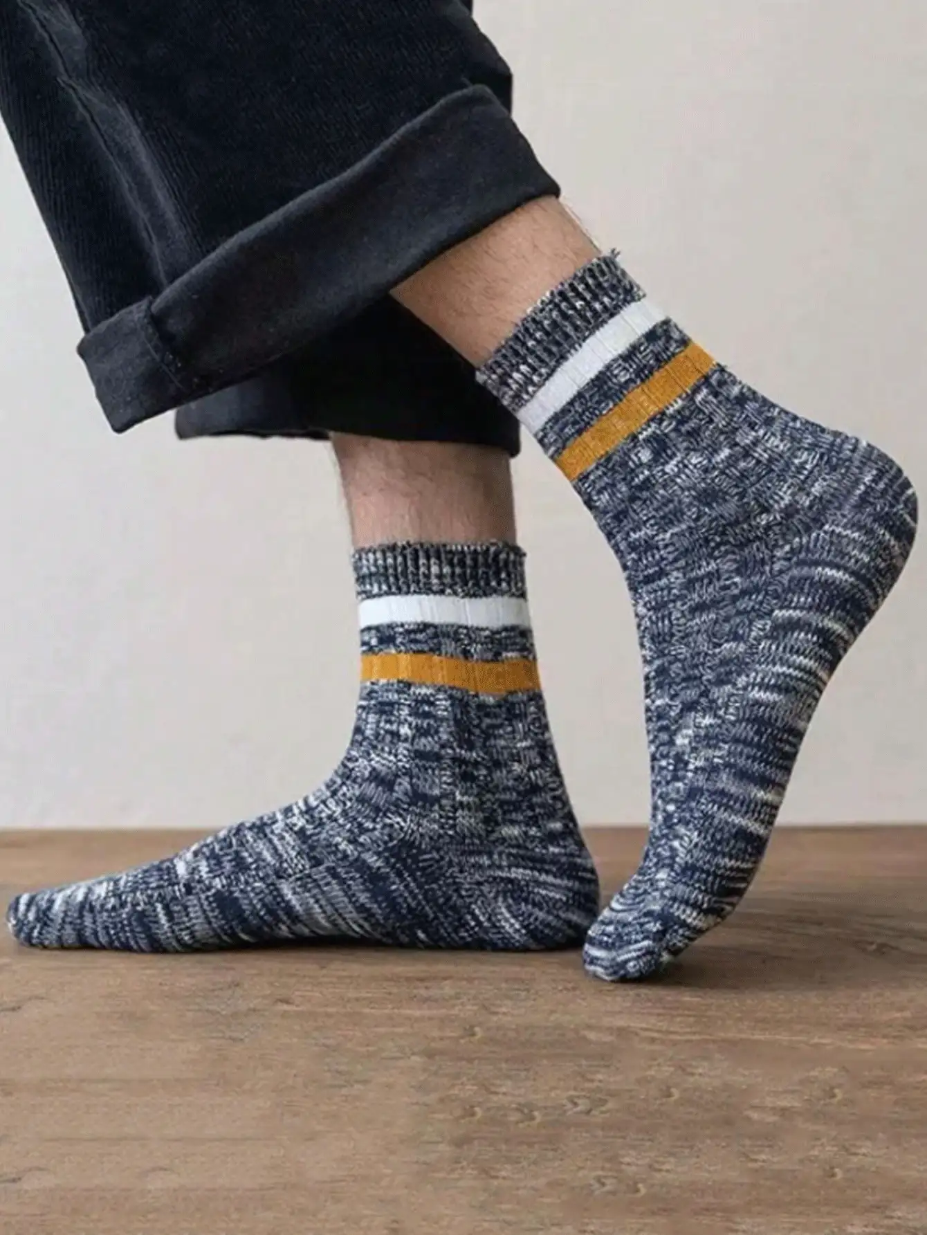 5双随机色厚针织竖条纹圆领袜子，秋冬季休闲街头装中长袜 - 彩色 - 查看 10