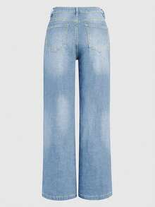 Double Breasted Stitching Details Low Waisted Flared Bootcut Women Jeans, Non Stretchy, Loose, Comfortable Casual Denim Wide Leg Pants - Rửa nhẹ - Xem 5