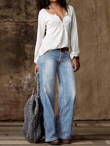 Double Breasted Stitching Details Low Waisted Flared Bootcut Women Jeans, Non Stretchy, Loose, Comfortable Casual Denim Wide Leg Pants - Rửa nhẹ - Xem 3