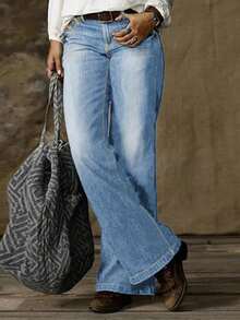 Double Breasted Stitching Details Low Waisted Flared Bootcut Women Jeans, Non Stretchy, Loose, Comfortable Casual Denim Wide Leg Pants - Rửa nhẹ - Xem 2