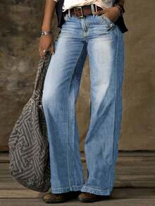 Double Breasted Stitching Details Low Waisted Flared Bootcut Women Jeans, Non Stretchy, Loose, Comfortable Casual Denim Wide Leg Pants - Rửa nhẹ - Xem 1
