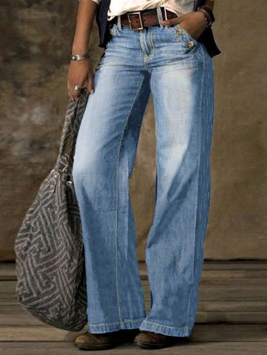 Double Breasted Stitching Details Low Waisted Flared Bootcut Women Jeans, Non Stretchy, Loose, Comfortable Casual Denim Wide Leg Pants - Rửa nhẹ - Xem 1