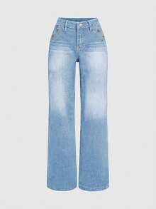Double Breasted Stitching Details Low Waisted Flared Bootcut Women Jeans, Non Stretchy, Loose, Comfortable Casual Denim Wide Leg Pants - Rửa nhẹ - Xem 6