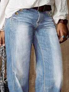 Double Breasted Stitching Details Low Waisted Flared Bootcut Women Jeans, Non Stretchy, Loose, Comfortable Casual Denim Wide Leg Pants - Rửa nhẹ - Xem 4