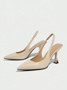 Women's Solid Color Pointed Toe High Heel Shoes, Slingback Ankle Strap Open Toe High Heels, Suitable For Outdoor Daily Wear, Commuting, Shopping, Party, Formal Occasions, Elegant And Versatile, Nude Comfortable PU Heels For Autumn