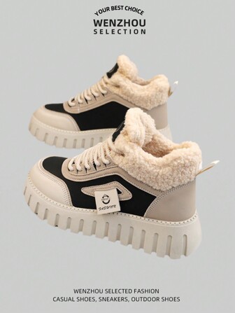 Women Winter High Top Sneakers, New Arrival Plush Lining Thick Sole Chunky Chunky Sneakers, Warm Casual Sports Running Shoes