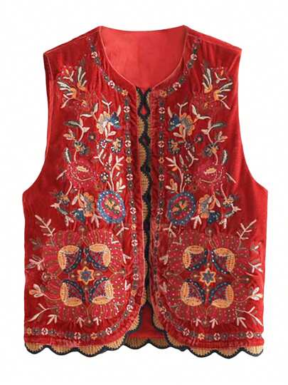 Women Vest, Sleeveless Open Front Embroidery Flower Outwear Gilet For Casual Street