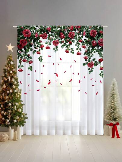 1pc Christmas Ball & Element Pattern Premium Decorative Curtain Rod Pocket Sheer Curtain, All Season Use, Suitable For Outdoor, Gazebo, Bedroom, Kitchen, Office, Study, Living Room - Semi-Sheer