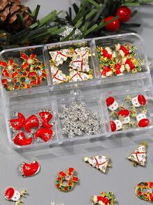 1 盒 30 件圣诞指甲饰品，3D 圣诞合金指甲饰品雪花圣诞树指甲水钻麋鹿圣诞帽铃铛花环金属美甲钻石宝石圣诞美甲装饰 - 彩色 - 查看 2