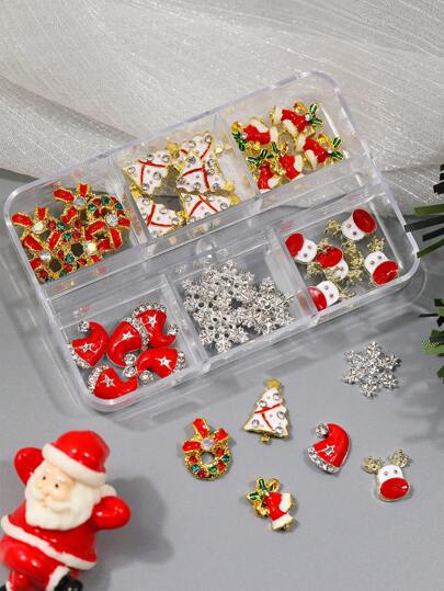 1Box 30PCS Christmas Nails Charms, 3D Xmas Alloy Charms For Nails Snowflake Christmas Tree Nail Rhinestones Elk Santa Hat Bell Wreath Metal Nail Art Diamond Gems For Christmas Nail Art Decoration