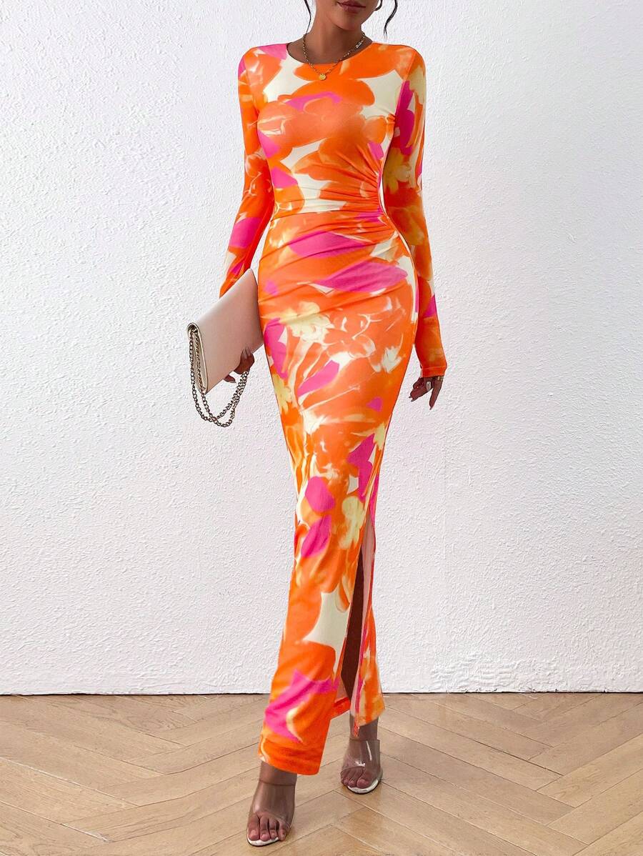 Valentine's Day  Women's Slim-Fit Long Dress Fall Fashion Long Sleeve Floral Print Tight Party Club Pleated Long Sleeve DressWomen's Slim-Fit Long Dress Fall Fashion Long Sleeve Floral Print Tight Party Club Pleated Long Sleeve Dress