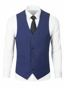 Furuyal Men's Suits Plaid Gentleman Slim Fit Single Breasted 3 Pieces Suit For Men Two Button Blazer Vest Pants Set Business Party Prom Wedding Navy Blue Size XS-3XL - Navy Blue - View 3