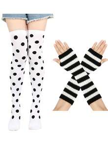 2 đôi: 1 đôi tất chấm bi + 1 đôi găng tay sọc, tất dài hóa trang Giáng sinh, đạo cụ trang điểm tiệc ngày lễ COS tất cao đến đùi chấm bi bọ rùa, găng tay cụt ngón kẻ sọc tiệc Giáng sinh - Nhiều màu - Xem 16