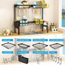 Dish Drainer - Over Sink Dish Drying Rack With 4 Baskets, 2 Tiers Expandable (24.8" - 35.4") Kitchen Dish Rack With Metal Hooks, Large Dish Drying Rack, Black 31D X 52W X 63H Cm - Black - View 6