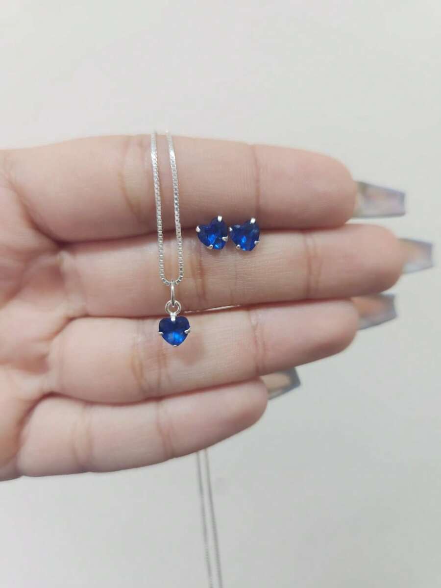 Women's Heart Necklace And Earrings Kit Set Colors Point Of Light 925 Silver - Màu xanh hải quân - Xem 1