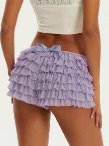 Women Mesh Ruffle Lace Cheeky Boyshorts Panty Booty Shorts Burlesque Retro Underwear Dance Bloomers Boy Shorts Panties Solid Color Underwear Elastic Boxer Briefs With Bow - Purple - View 5