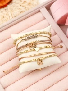 7pcs Bohemian Style Heart Woven Beaded Adjustable Bracelet Set, CCB Elastic Bracelets For Women - Gold - View 2