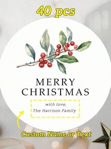 12/24/40 Pcs Various Custom Christmas Stickers, Round 5x5 Cm/ 2x2 In, 9 Optional Wreath Patterns Including Flower And Pine Branch Etc., Supporting Name And Text Customization Such As Personal Name, Family Name, Company Name, Addresses, Greetings Or Other Words