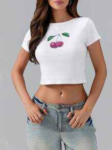 Women's Summer Fitted Crop Tops Short Sleeve Crewneck Solid Color/Pattern Print Cropped T-Shirt - Burgundy - View 4