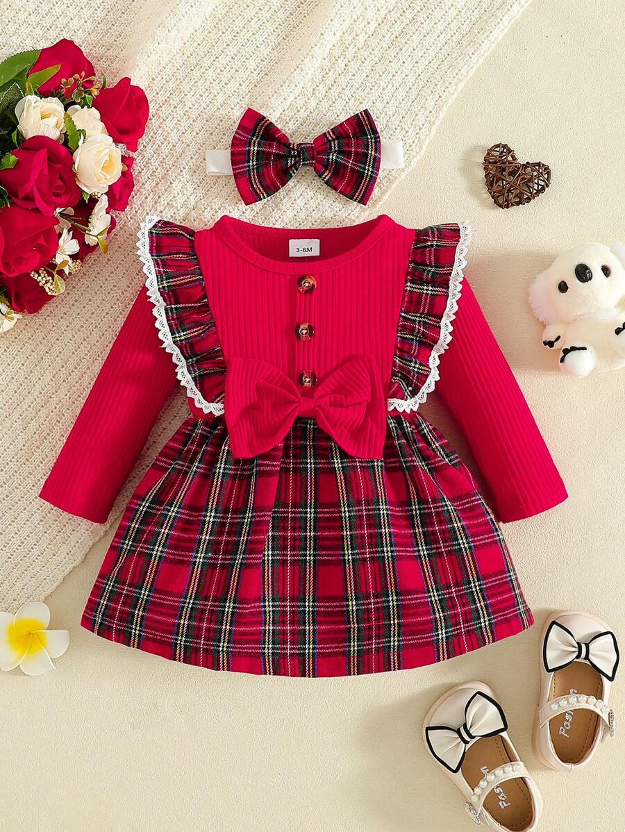 2pcs Baby Girl Fashion Ribbed Dress Set - Red - View 1