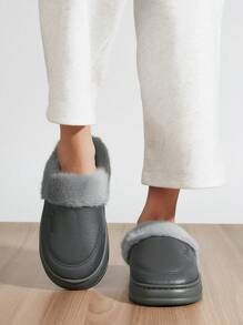Dép đi trong nhà cho nam đế xuồng thời trang Giày mềm ấm áp mùa đông da giả chống trượt Dép thoải mái cho nam/nữ - Xám - Xem 6