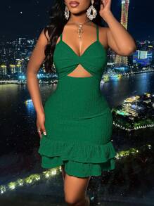 AIJ Amarilo 女士性感纯色纹理扭结前系带荷叶边下摆修身迷你连衣裙，完美适用于派对和鸡尾酒会 - 查看 4