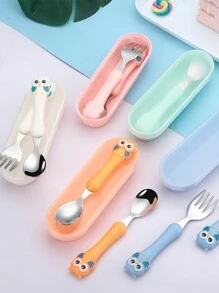 Bộ thìa nĩa bằng thép không gỉ 304 hình cú mèo hoạt hình tùy chỉnh, dụng cụ ăn uống tiện lợi cho trẻ sơ sinh - nhiều màu - Xem 4