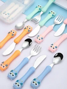 Bộ thìa nĩa bằng thép không gỉ 304 hình cú mèo hoạt hình tùy chỉnh, dụng cụ ăn uống tiện lợi cho trẻ sơ sinh - nhiều màu - Xem 3