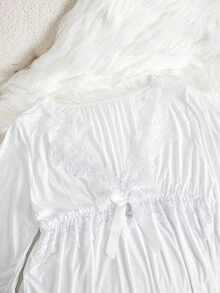 Đầm ngủ nữ màu trơn, nơ ren, nối liền, váy ngủ gợi cảm, hơi trong suốt, bốn mùa, phổ thông - trắng - Xem 9