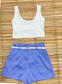 Combo: High-Waisted Tailored Shorts With Pockets And Belt + Cropped Top With Lace And Padding; Mid-Strap Blouse In Suplex, Summer 2025 - Bộ sản phẩm có 2 hoa tử đinh hương - Xem 1