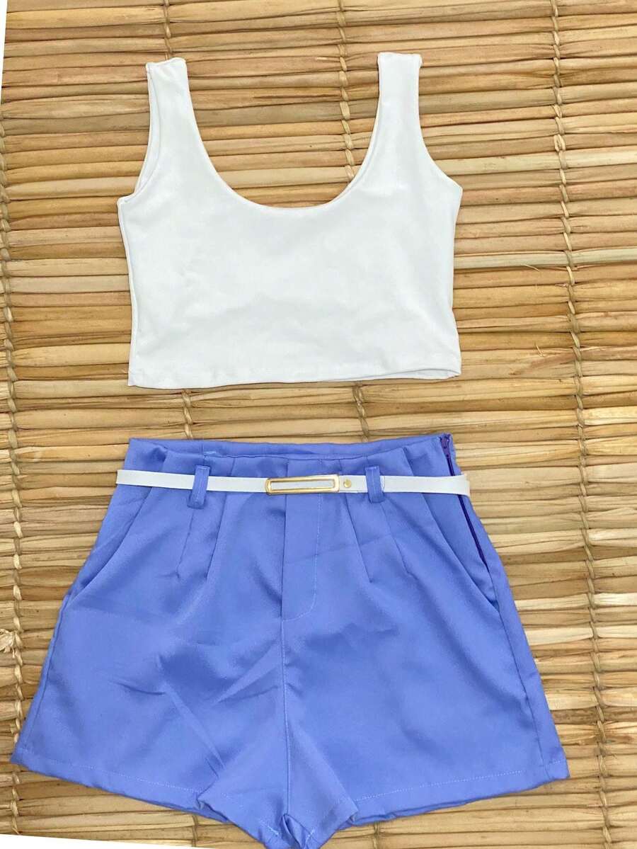 Combo: High-Waisted Tailored Shorts With Pockets And Belt + Cropped Top With Lace And Padding; Mid-Strap Blouse In Suplex, Summer 2025 - Bộ sản phẩm có 2 hoa tử đinh hương - Xem 1