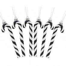 6/12pcs Pack Of 6-13cm Glitter Candy Cane Christmas Tree Decorations/Ornaments (Black & White) - Black - View 14